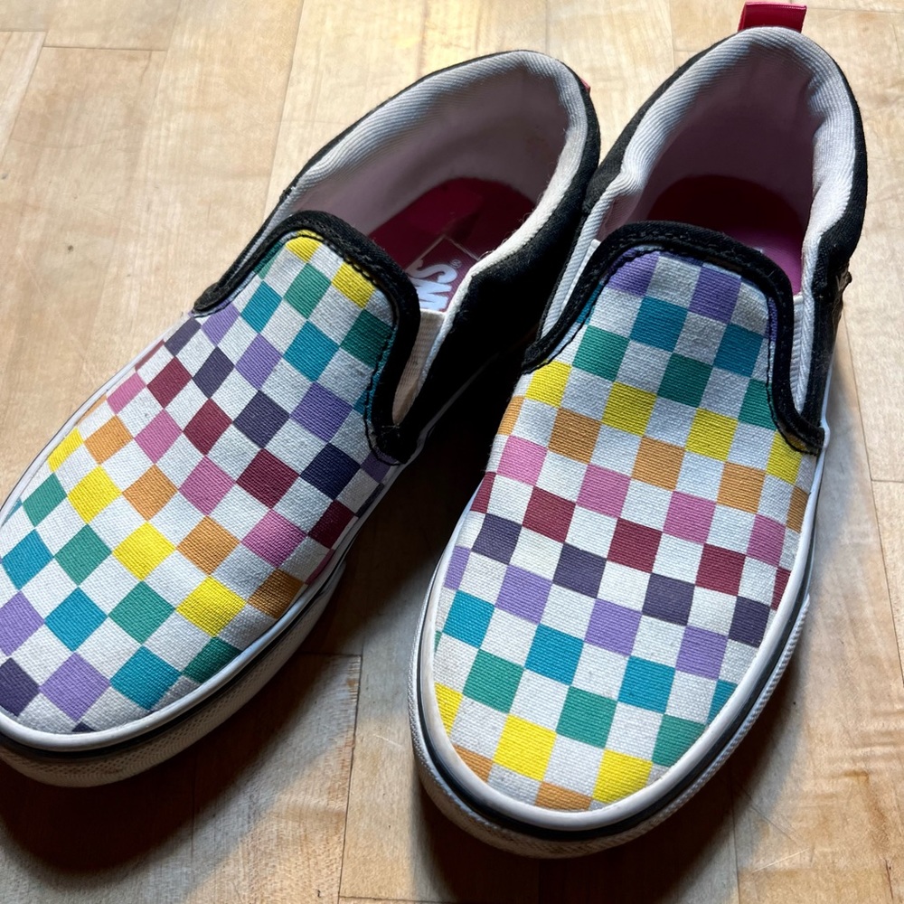 VANS shoes, rainbow checks, checkered slip ons
